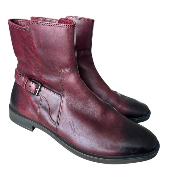 ECCO Burgundy Leather Ankle Boots with Side Zip, Women's Size 38/US7 - Picture 1 of 10